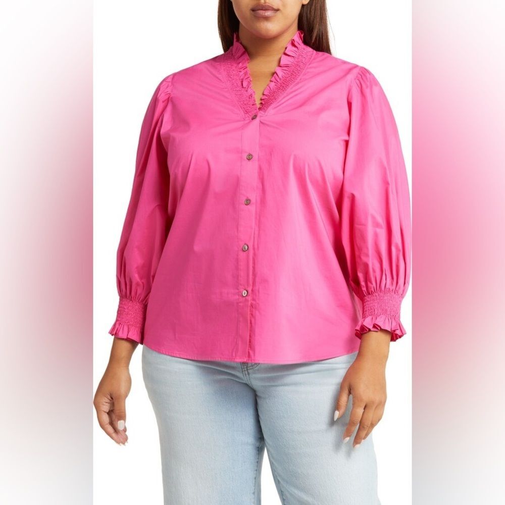 Harshman Fuschia Pink Bonnie Ruffle Cotton Poplin Button Up Blouse Size 2X